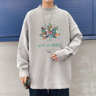 Mock Neck Leaf Printed Sweater