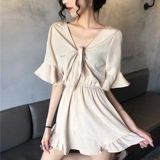 Tie Front Elbow Sleeve Playsuit Almond - One Size
