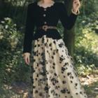 Set: Velvet Blouse + Floral Embroidered A-line Midi Skirt