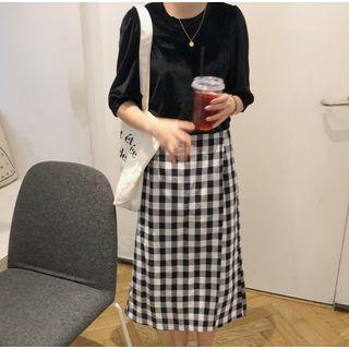 Elbow-sleeve Velvet T-shirt / Plaid Midi Skirt