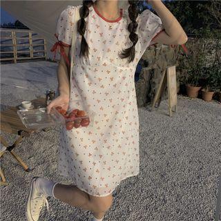 Puff-sleeve Floral Print Mini A-line Dress Coffee Bear - White - One Size