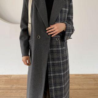 Plaid Panel Long Coat Gray - One Size