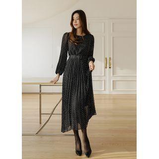 Dotted Pleated Maxi Chiffon Dress With Belt Black - One Size
