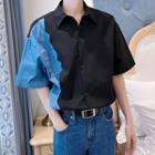 Asymmetric Denim Panel Short-sleeve Shirt