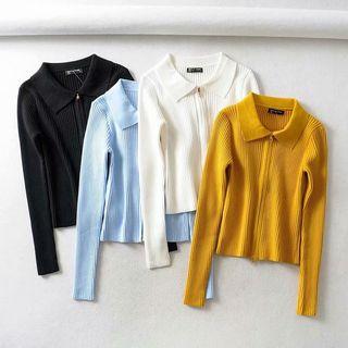 Collared Zip Rib Knit Top
