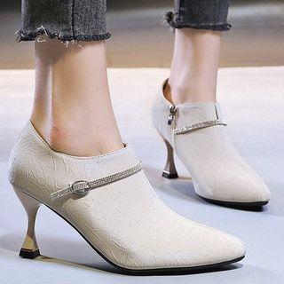 Pointed Flared Heel Rhinestone Ankle Boots