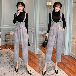 Set: Long-sleeve Top + Plaid Suspender Pants