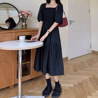 Square Neck Plain Puff Short Sleeve Dress