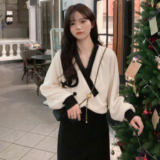 V-neck Cropped Jacket / Spaghetti Strap Midi A-line Dress