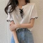 Short-sleeve Lettuce Edge Lace-up Knit Top
