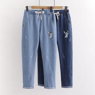 Cat Print Distressed Cropped Straight-fit Jeans