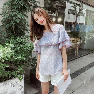 Piped Ruffle Short-sleeve Chiffon Top