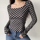 Long-sleeve Square-neck Check Top