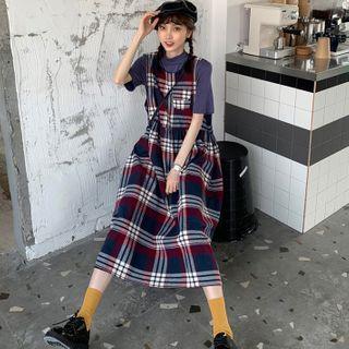 Plaid Sleeveless Midi Dress / Short-sleeve T-shirt