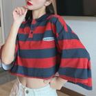 Striped Elbow-sleeve Crop Polo Shirt