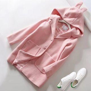 Ear-accent Hooded Buttoned Coat