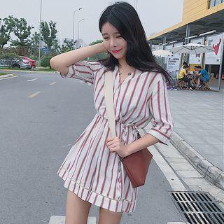 Striped Elbow-sleeve Playsuit