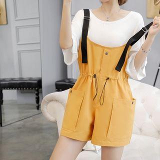 Set: Plain Elbow-sleeve T-shirt + Drawstring Pocket Detail Jumper Shorts