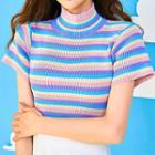 High-neck Striped Summer Knit Top Pink - One Size
