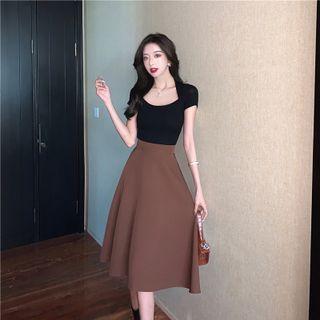 Set: Cap-sleeve Square-neck Top + Midi A-line Skirt