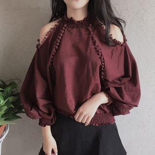 Frill Trim Open Shoulder Long-sleeve Top