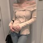 Off-shoulder Double-breasted Long-sleeve Knit Top