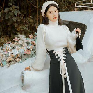Set: Turtleneck Plain Sweater + Lace-up Midi A-line Skirt