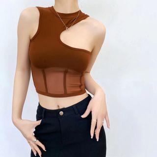 Asymmetrical Mesh Panel Crop Tank Top