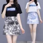 Set: Short-sleeve Lettering T-shirt + Tie-dye Print Mini A-line Skirt