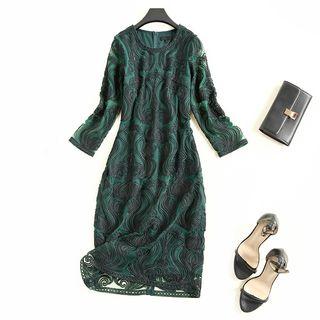 Elbow-sleeve Embroidered Sheath Midi Dress