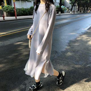 Long-sleeve Mesh Paneled Midi Dress
