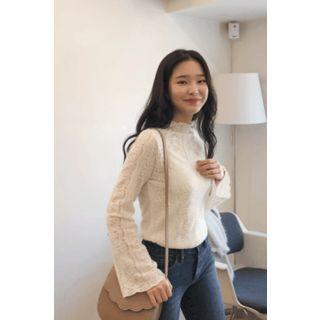 Mock-neck Sheer Lace Blouse Ivory - One Size