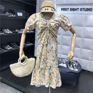 Short-sleeve Floral Drawstring Midi Dress