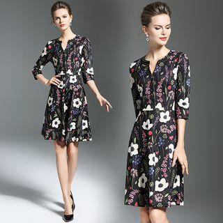Print Split-neck Short-sleeve Dress