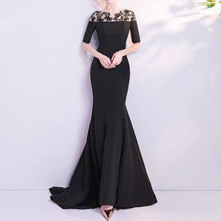 Short-sleeve Trained Sheath Evening Gown