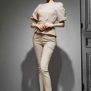 Set: Off Shoulder Elbow-sleeve Top + Crop Dress Pants