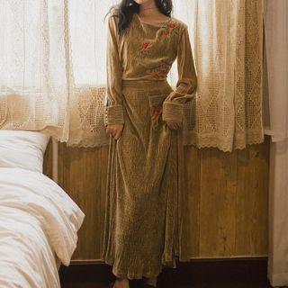 Embroidered Long-sleeve A-line Maxi Velvet Dress