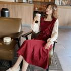 Long Sleeve Cable Knit Panel Dress Wine Red - One Size