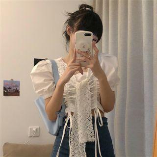 Short-sleeve Lace Shawl Drawstring Blouse White - One Size