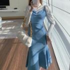 Long-sleeve Mock-neck Blouse / Spaghetti Strap Midi Mermaid Dress