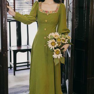 Puff-sleeve Floral Embroidery Square-neck Midi Dress