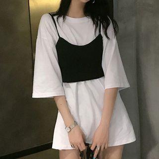 Set: Bow Back Cropped Camisole Top + Crew-neck Elbow-sleeve Mini T-shirt Dress