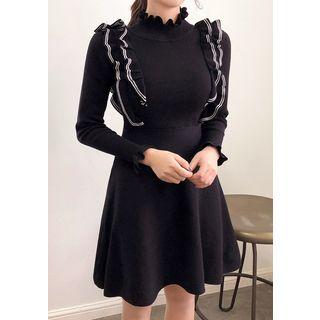 Mock-neck Frill-trim Knit Minidress