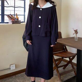 Collared Blouse / Midi A-line Skirt