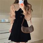 Long-sleeve Mock Two-piece Velvet Panel Mini A-line Dress