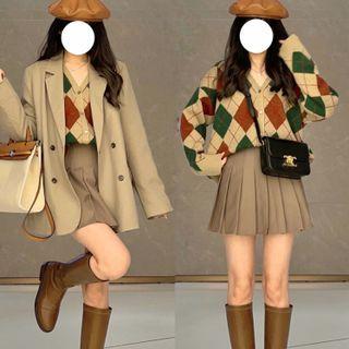 Argyle Print Cardigan / Pleated A-line Skirt / Blazer