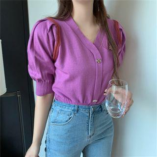 Embroidered Puff-sleeve Crop Top Purple - One Size
