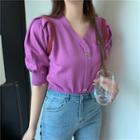 Embroidered Puff-sleeve Crop Top Purple - One Size