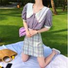 Short-sleeve Shirred Blouse / Plaid A-line Skirt