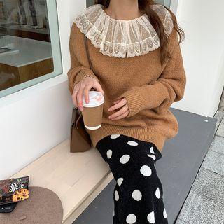 Long-sleeve Lace Trim Mesh Top Almond - One Size